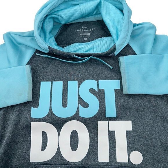 Nike Women XS Aqua‎ Blue Grey Hoodie Sweatshirt Therma Fit Logo Just Do It - Picture 1 of 10
